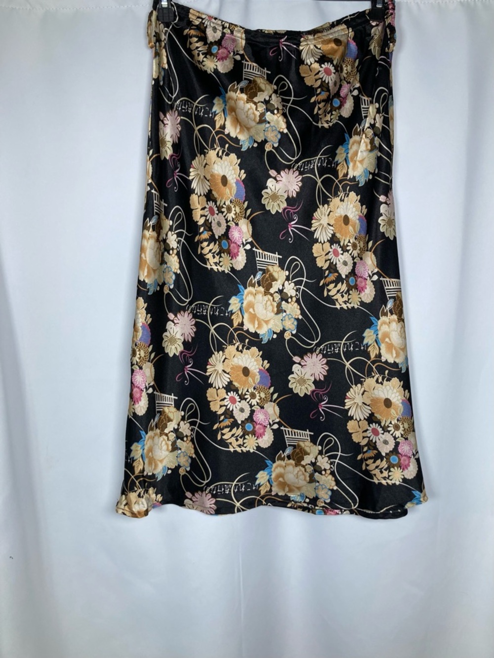 Ninety Floral Satin Maxi Skirt - Black Pink Yellow - Sz L Boho Grunge Festival